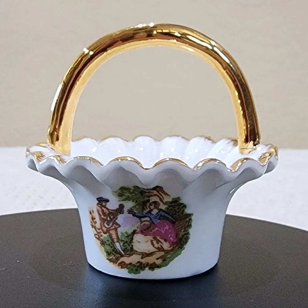 Courting Couple SALT Handled MINI Basket Vintage BRINTON Bone China Gold Accent